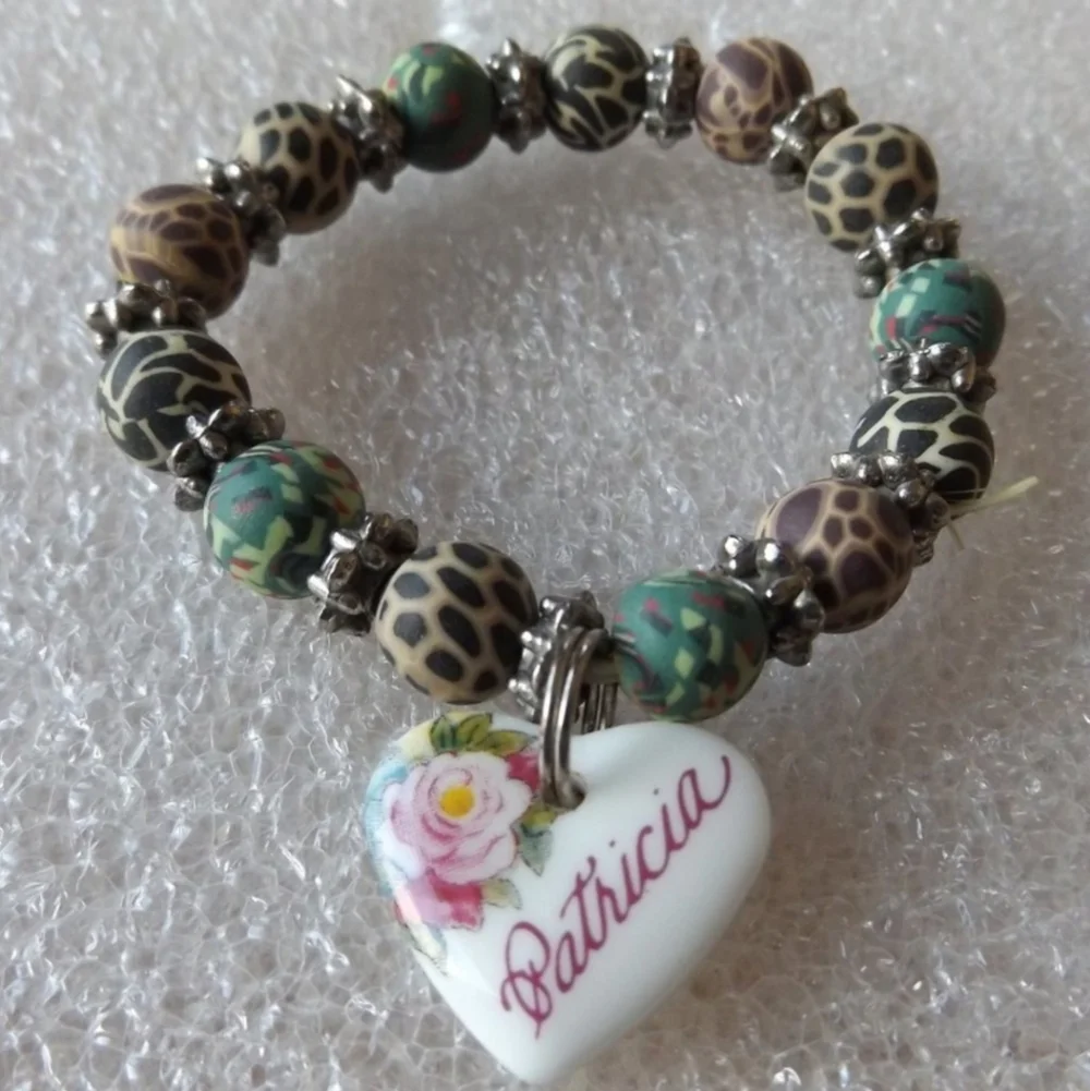 Patricia Personalize Heart Charm Clay Beads Beaded Stretch Bracelet